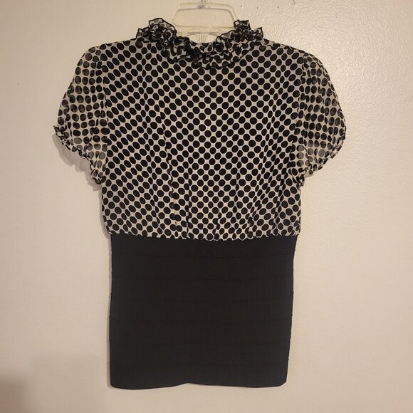 INC International Concepts Silk Black Polka Dot Y2k Stretch Waist Top Women's 10 - Picture 2 of 7